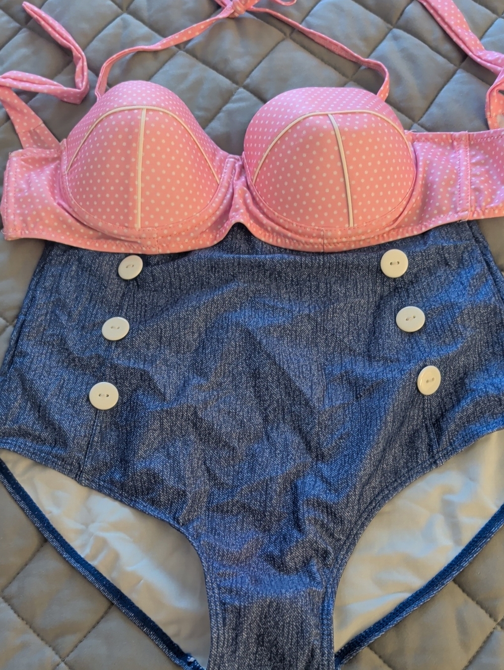 Pink Polka Dot Underwire Bikini Top and High-Waist Blue Bottoms
